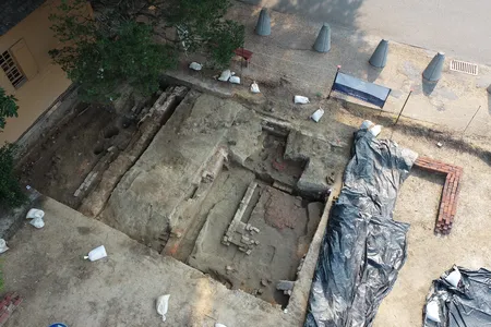 Archaeologists unearthed the foundation of the original 1818 church.