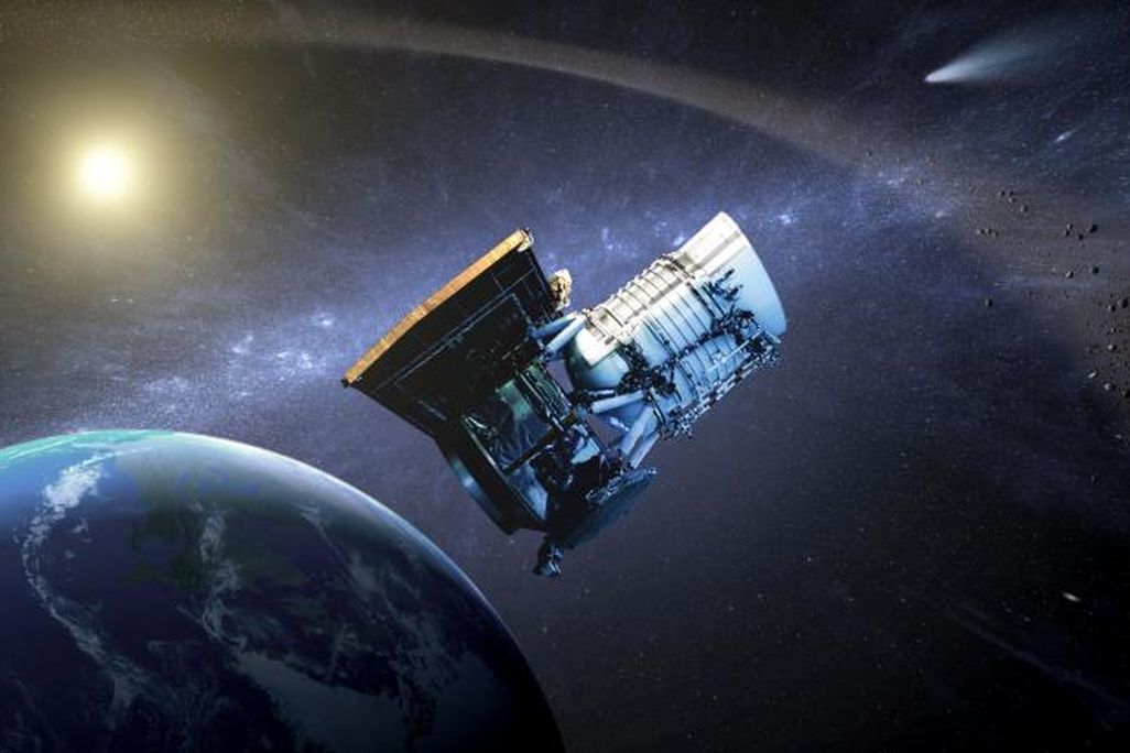 illustration of a telescope in orbit around earth with a comet in the background and the sun at the upper left