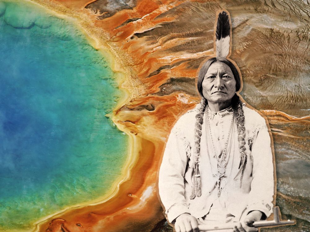 Illustration of Sitting Bull in front of Yellowstone caldera