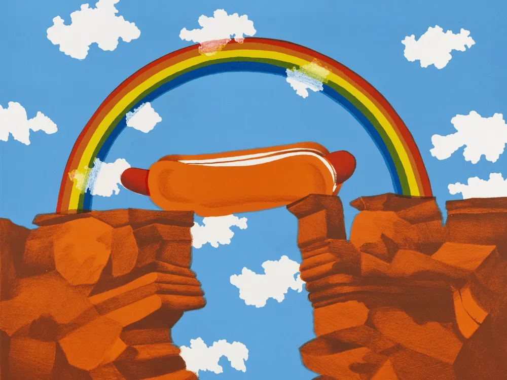 Bright print showing a hot dog bridge under a rainbow.