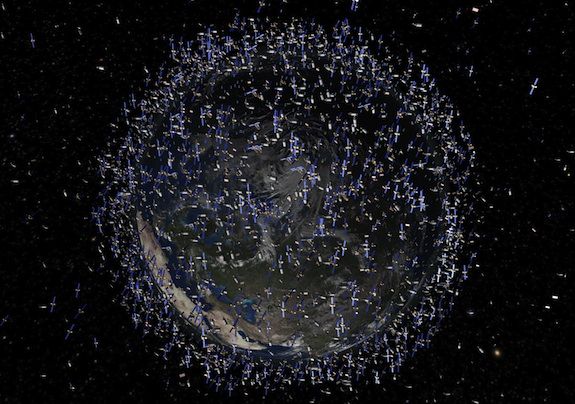 Satellites and refuse litter low Earth orbit.