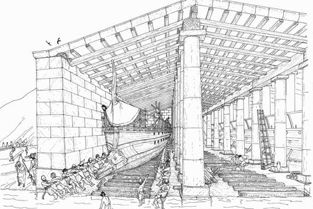 A drawing of one of the Athenian ship sheds built in the harbors of Piraeus