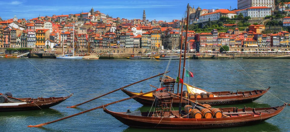  <i>Rabelo</i> carrying port barrels on the Douro River, Porto 