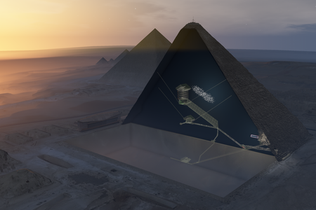 3D illustration showing an aerial view of the Khufu pyramid with the new "Big Void."