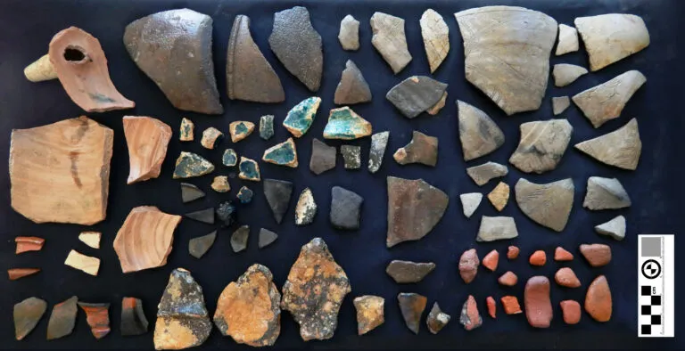 Pottery shards against black backdrop