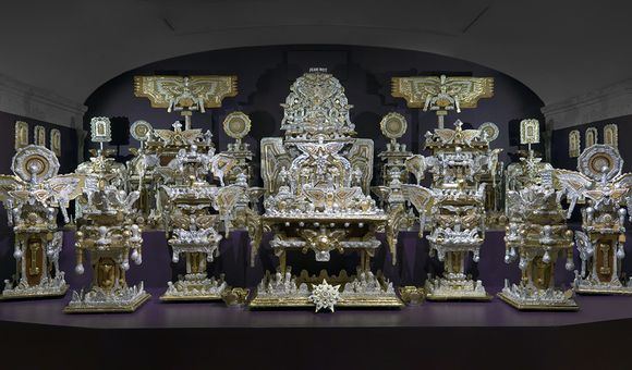 Large-scale installation, "The Throne of the Third Heaven," made of many silver and gold component parts.