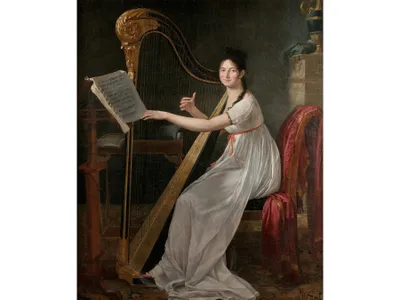 Portrait of Ad&egrave;le Papin Playing the Harp, oil on canvas, c. 1799. The 17-year-old sitter, the famously beautiful daughter of a prominent family, was later rumored to be Napoleon&#39;s mistress.&nbsp;
