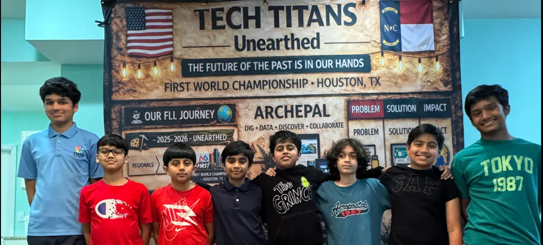 Kids stand in front of poster about ArchePal