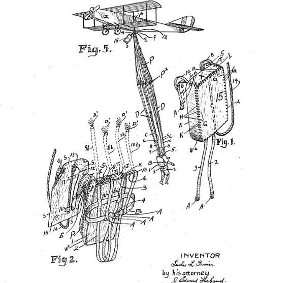 Leslie Irvin, patent 1,323,983 for a “safety parachute pack,” 1918