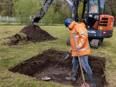 An employee of the Historical Circle Kesteren at a dig in the Dutch village of Ommeren, where researchers hoped to find treasure German soldiers buried during World War II