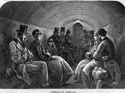 This engraving from 1870 shows the cramped conditions when a train ran through the Tower Subway tunnel. Even once the train was removed, there wasn't much more space.