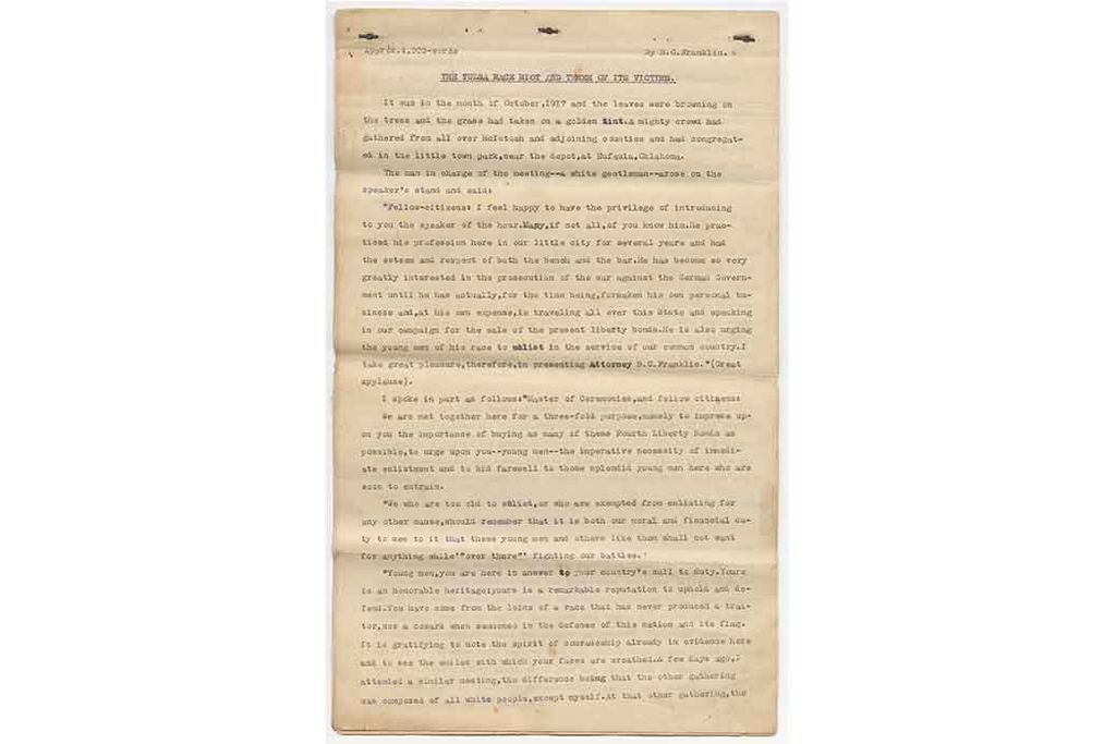 A yellowed sheet of paper with typewriter text, titled The Tulsa Race Riot by B.C. Franklin