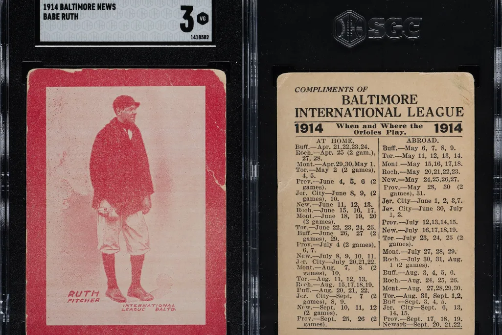 Red baseball card showing Babe Ruth next to schedule of baseball games