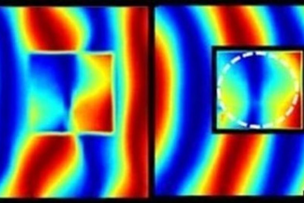 The microwave field around the objects without (left) and with the cloaking material (right).