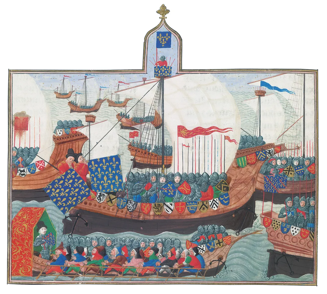 a page from an illuminated copy of a medieval narrative known as Froissart’s Chronicles, illustrated in the 1470s, shows the French Navy at sea. Scholars believe that the warship at center closely resembles Gribshunden.
