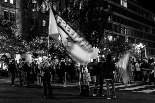 A Palestinian flag during the protest against Israel. thumbnail