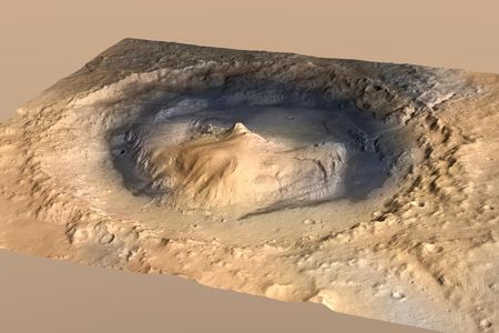 The central peak within Gale Crater rises 18,000 feet above the valley floor.