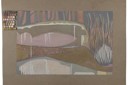 Cartoon for mosaic sketched on brown paper in various shades of brown, blue, terracotta, pink, and white, with stones in corresponding colors glued to the paper.