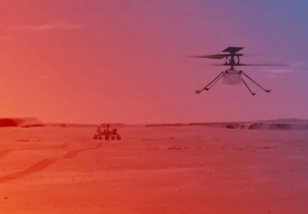 An illustation of NASA's Ingenuity Mars Helicopter flying on Mars. The Preserverence Rover awaits in the background
