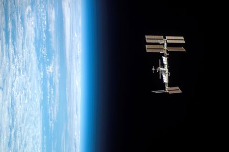 A shuttle astronaut's view of the International Space Station.
