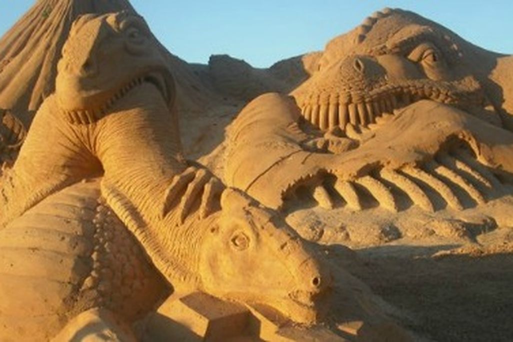 Sand sculpture dinosaurs, as seen in Albufeira, Portugal