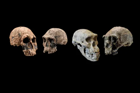 Skulls of the genus Homo, including two from Homo erectus on the right