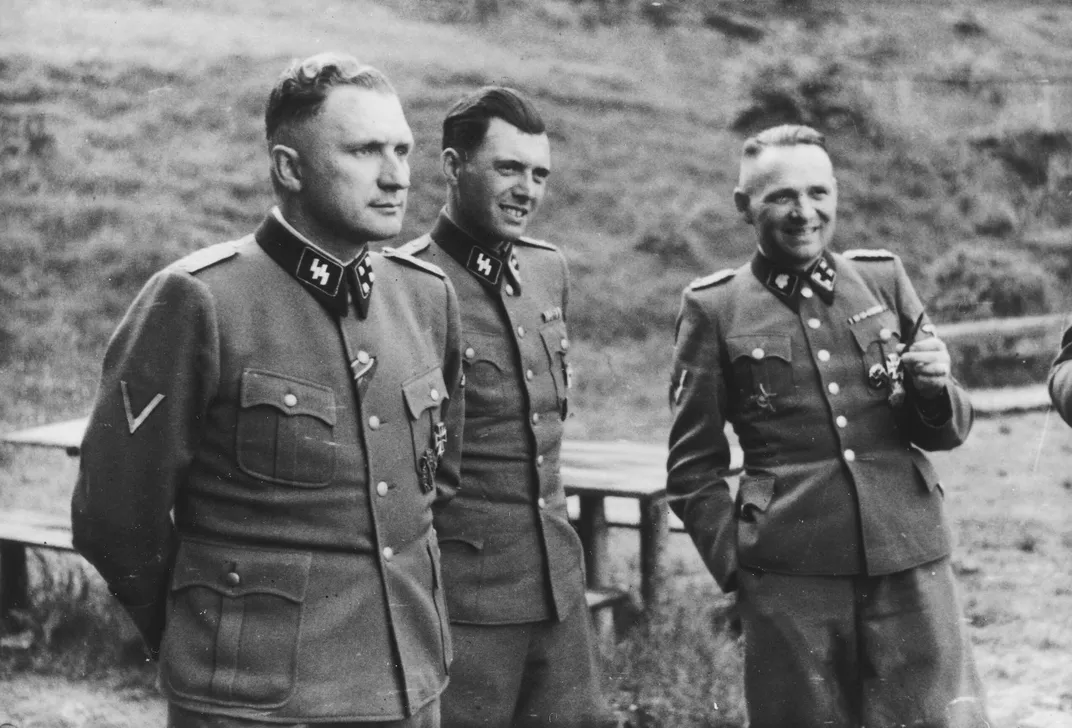 A 1944 photograph of Richard Baer, Josef Mengele and Höss
