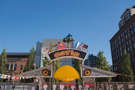 The eagle eyes of Welcome as Warning stare down at visitors to "The World's UnFair" in Queens, New York.