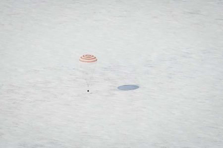 The Soyuz TMA-01M spacecraft is seen as it lands with Expedition 26 Commander Scott Kelly and Flight Engineers Oleg Skripochka and Alexander Kaleri near the town of Arkalyk, Kazakhstan on Wednesday, March 16, 2011. NASA Astronaut Kelly, Russian Cosmonauts Skripochka and Kaleri are returning from almost six months onboard the International Space Station where they served as members of the Expedition 25 and 26 crews. Photo Credit: (NASA/Bill Ingalls)