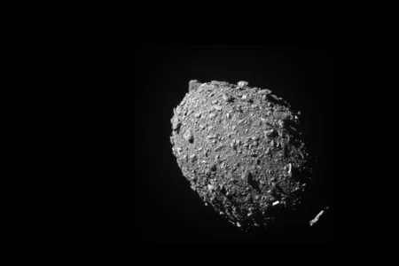 Asteroid moonlet Dimorphos as seen by the DART spacecraft 11 seconds before impact.&nbsp;