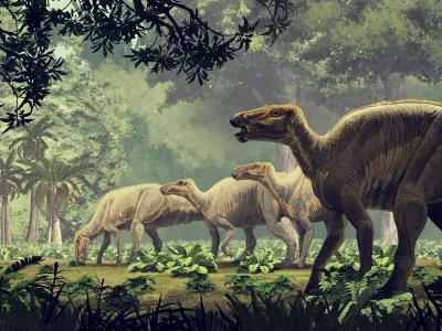An&nbsp;Edmontosaurus&nbsp;herd grazes in a forest.