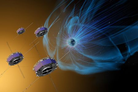 An illustration of the four spacecraft that detected a magnetic reconnection.