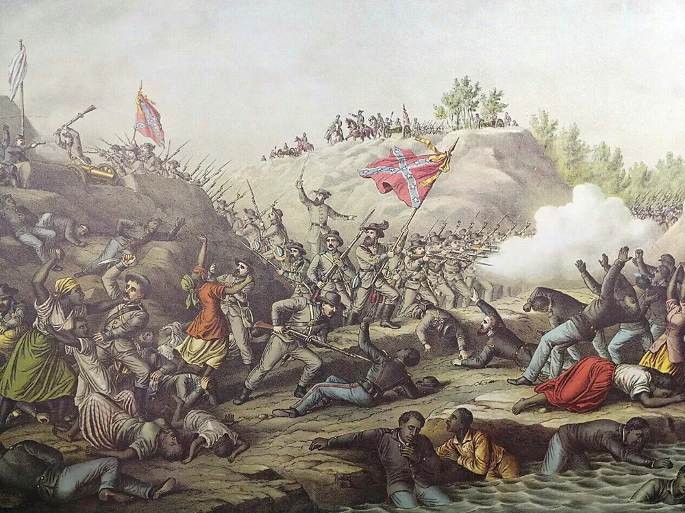 A hand-colored 1892 print of the Battle of Fort Pillow