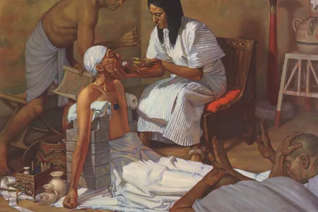 A lithograph depicting an ancient Egyptian physician treating a patient for lockjaw. In the village of Deir el-Medina, this man may have still been paid while missing work.


