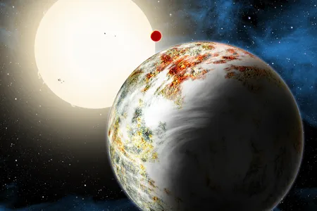The newly discovered "mega-Earth" Kepler-10c dominates the foreground in this artist's conception. Its sibling, the lava world Kepler-10b, is in the background. Both orbit a sunlike star. Kepler-10c has a diameter of about 18,000 miles, 2.3 times as large as Earth, and weighs 17 times as much. Therefore it is all solids, although it may possess a thin atmosphere shown here as wispy clouds.