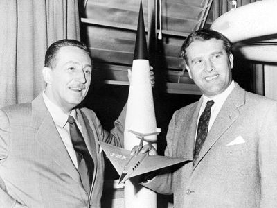 Walt Disney (left) and Wernher von Braun were among those popularizing space exploration in the 1950s.