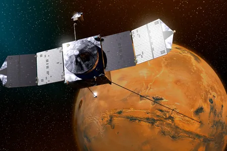 An artistic rendition of the MAVEN spacecraft orbiting Mars