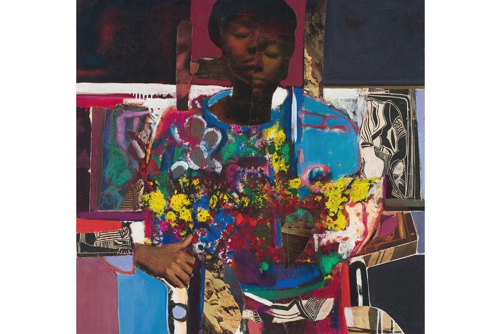 Woman With Flowers oil and collage on canvas