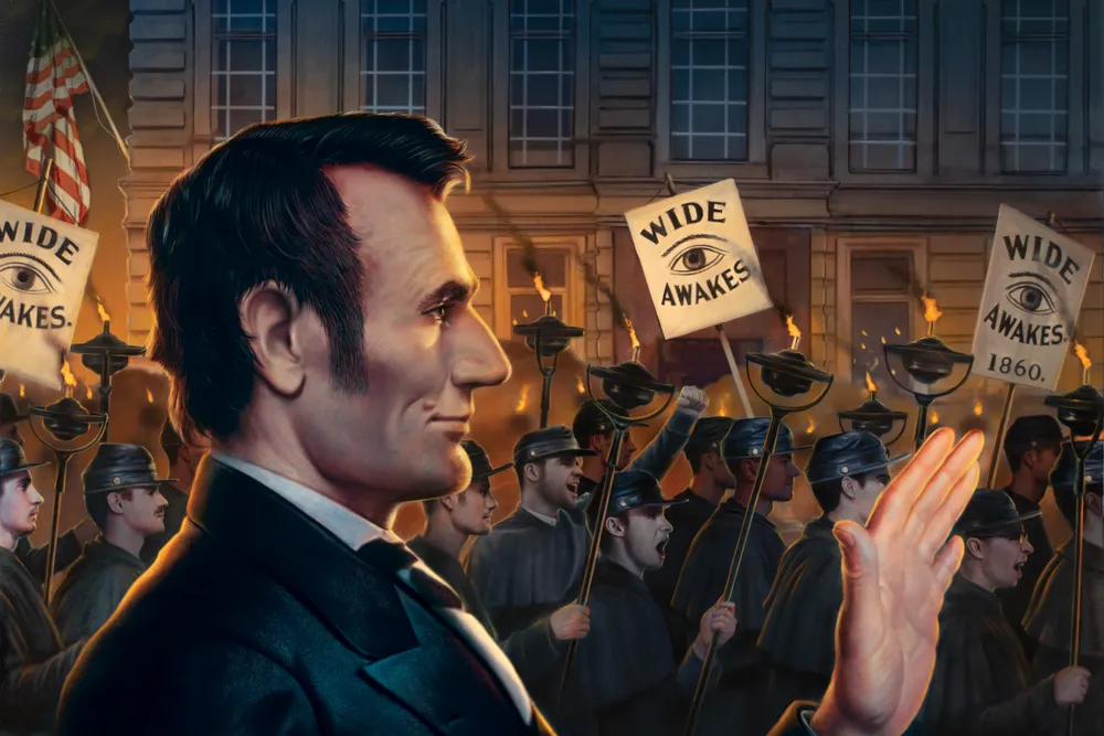 an illustration of Abraham Lincoln waving to supporters at a rally