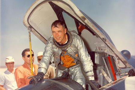 U.S. Air Force Major Bob White in the cockpit of an X-15 after landing at Rogers Dry Lake, at Edwards Air Force Base in California. 