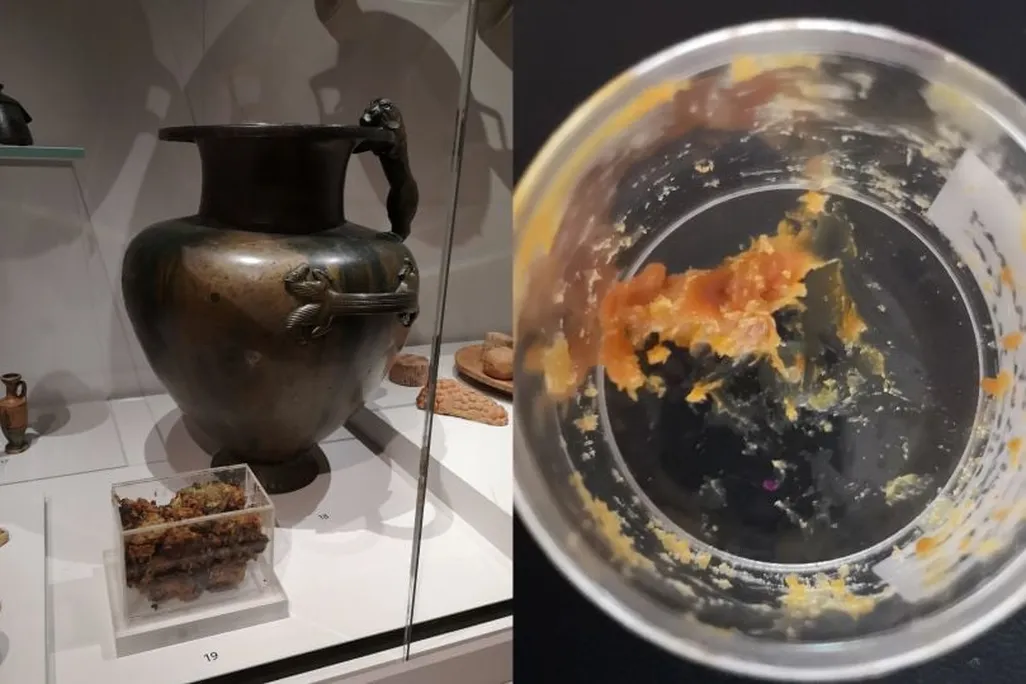 Bronze jar next to sticky substance in scientific container