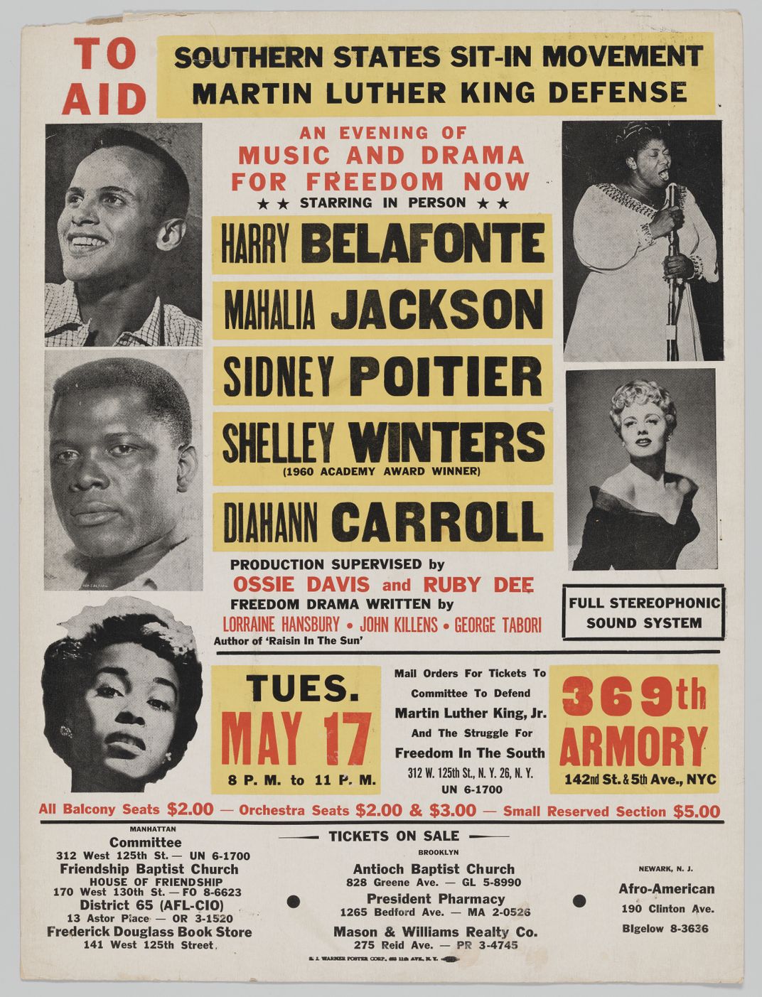 Poster for a concert to aid sit-in movements and the Martin Luther King Defense, featuring Harry Belafonte, Mahalia Jackson, Sidney Poitier, Shelley Winters and Diahann Carroll