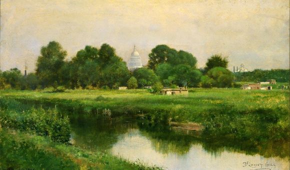 Painting of a marsh with the U.S. capital in the background.