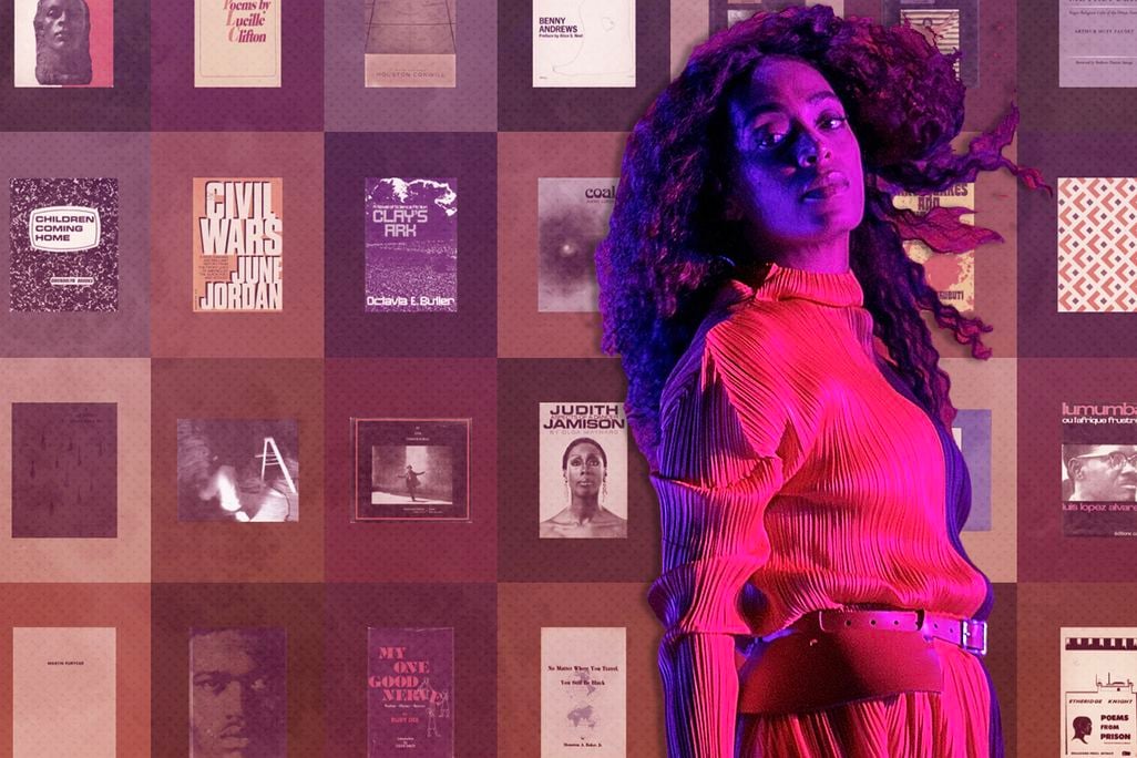 A composite image of Solange performing, bathed in red and purple light, in front of a collage of book covers available for rent