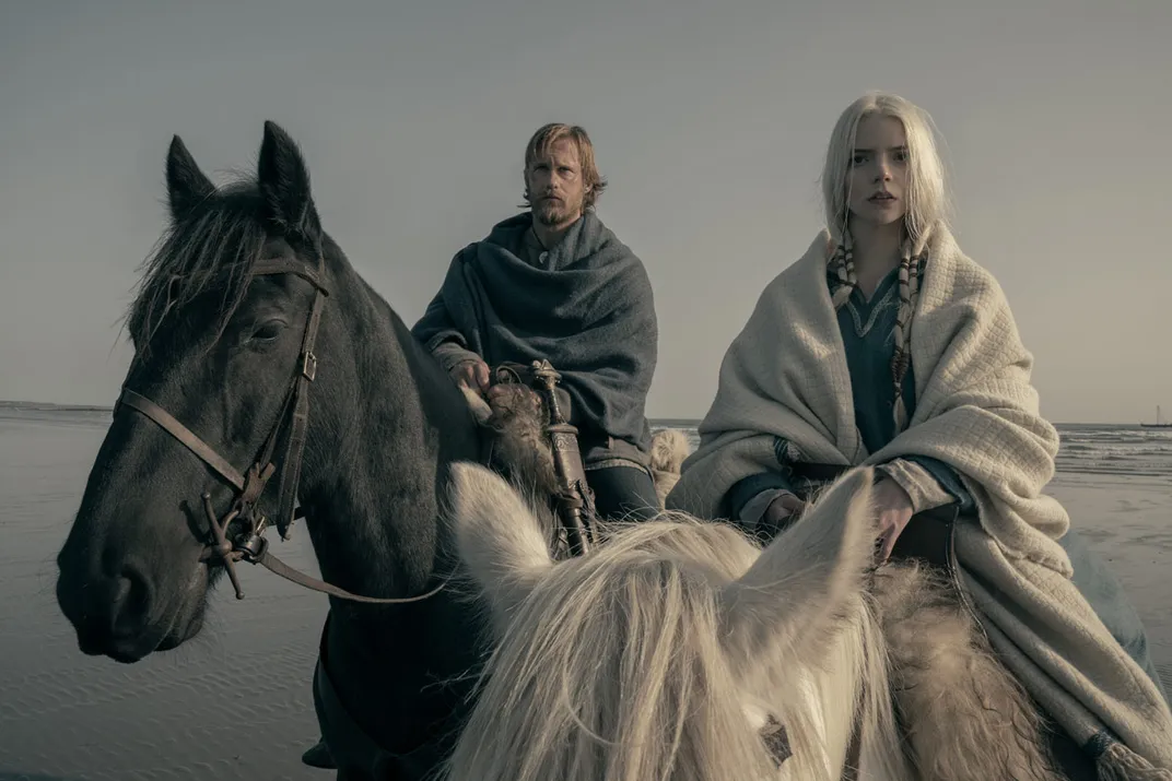 Alexander Skarsgård as Amleth and Anya Taylor-Joy as Olga, both riding horses