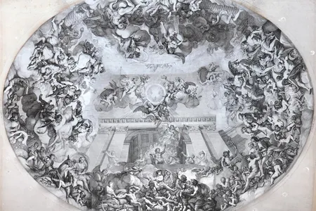 An original drawing of 'The Palace of the Sun' by Charles Le Brun, designed to be painted on the ceiling of the Grand salon of Vaux-le-Vicomte.