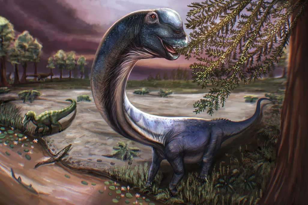 An artistic illustration of a large, long-necked dinosaur