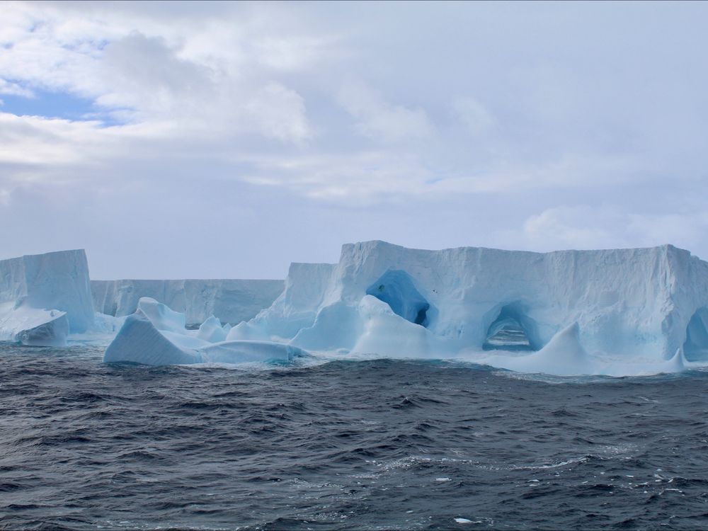 Blue iceberg floating on the water