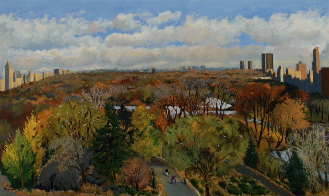 A painting of central park from above with fall leaves on the trees and a cloudy blue sky.