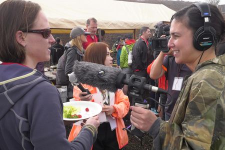 Carmel Johnston (left), crew commander, enjoys her first meal outside the dome.